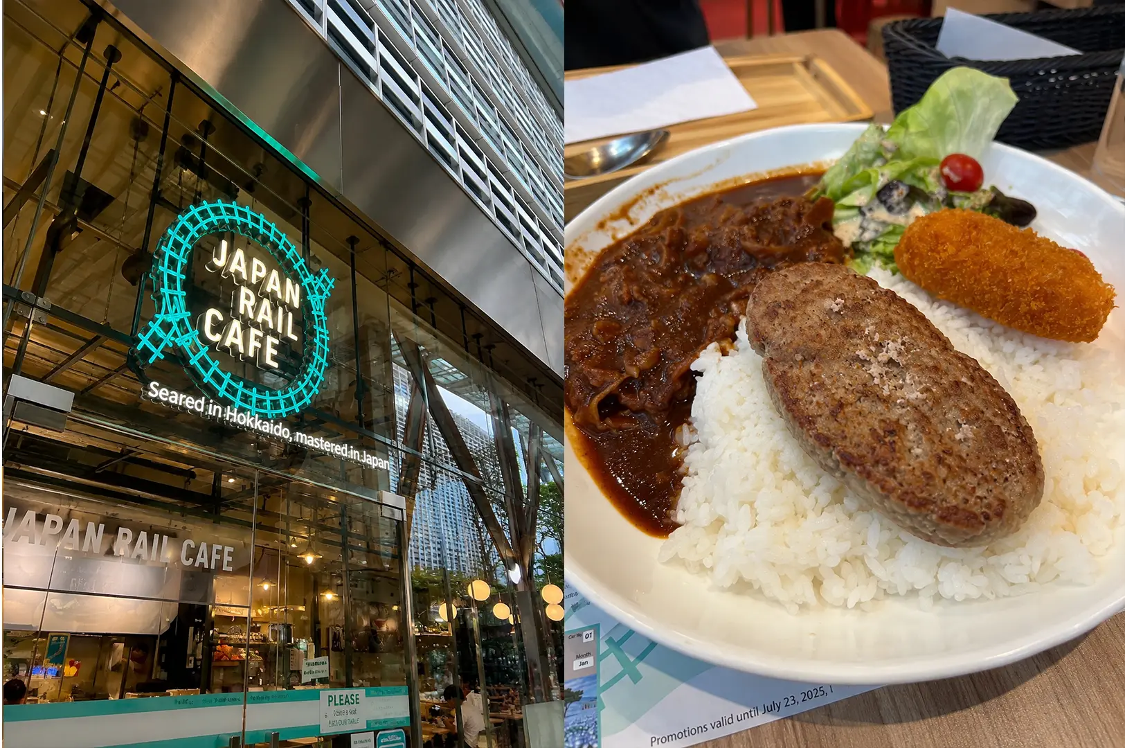 Japan Rail Cafe storefront with Japanese hamburger steak curry, rice, croquette, salad, and rich beef sauce.