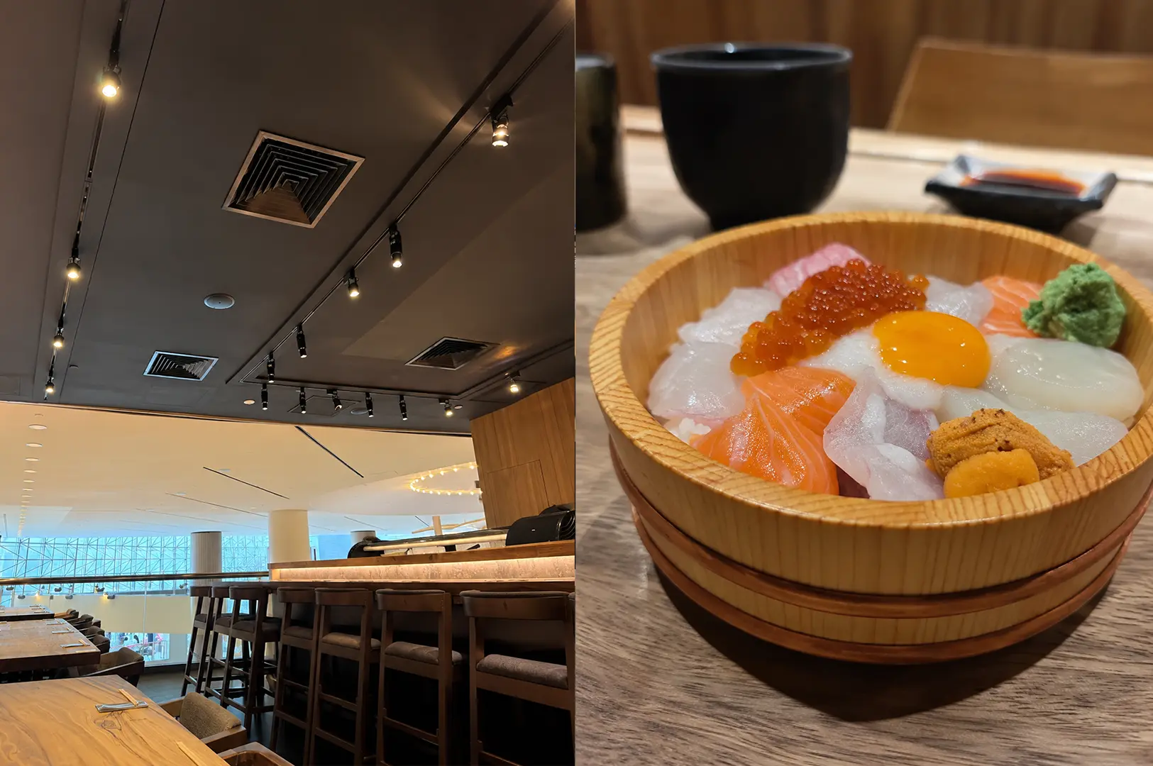 Koji Sushi Bar at City Hall with a modern dining area and a seafood chirashi bowl topped with uni and ikura.