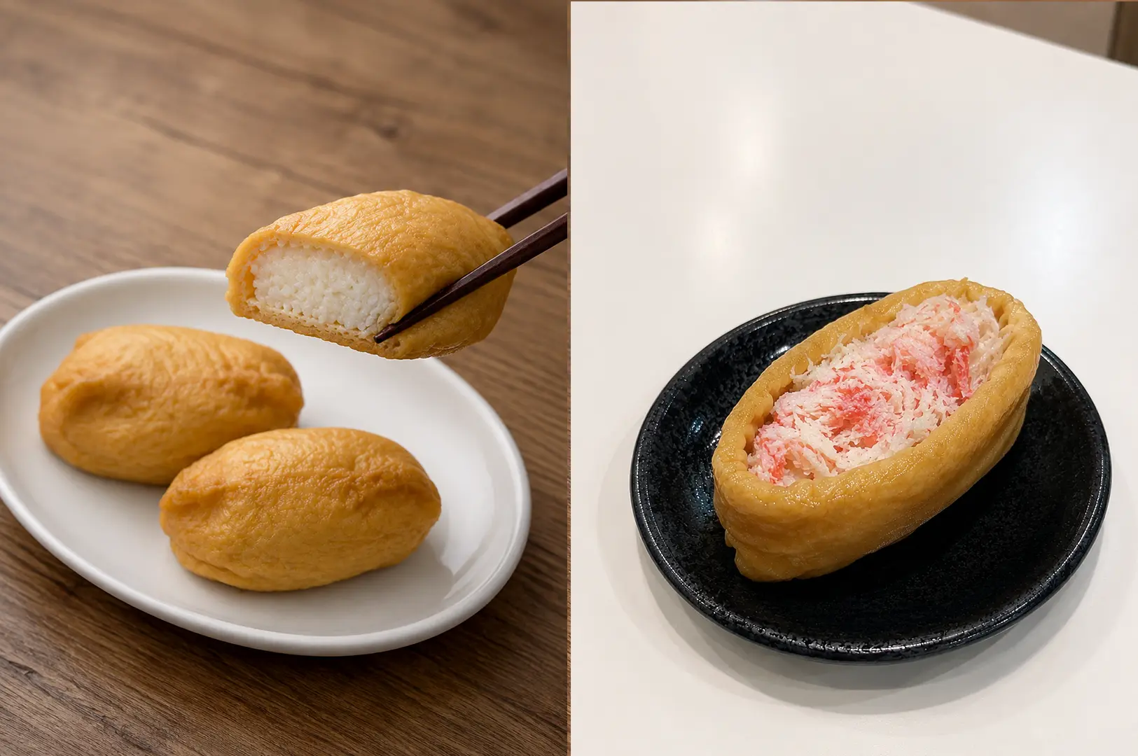 Traditional inari sushi with seasoned tofu pockets, including a crab-filled variation.