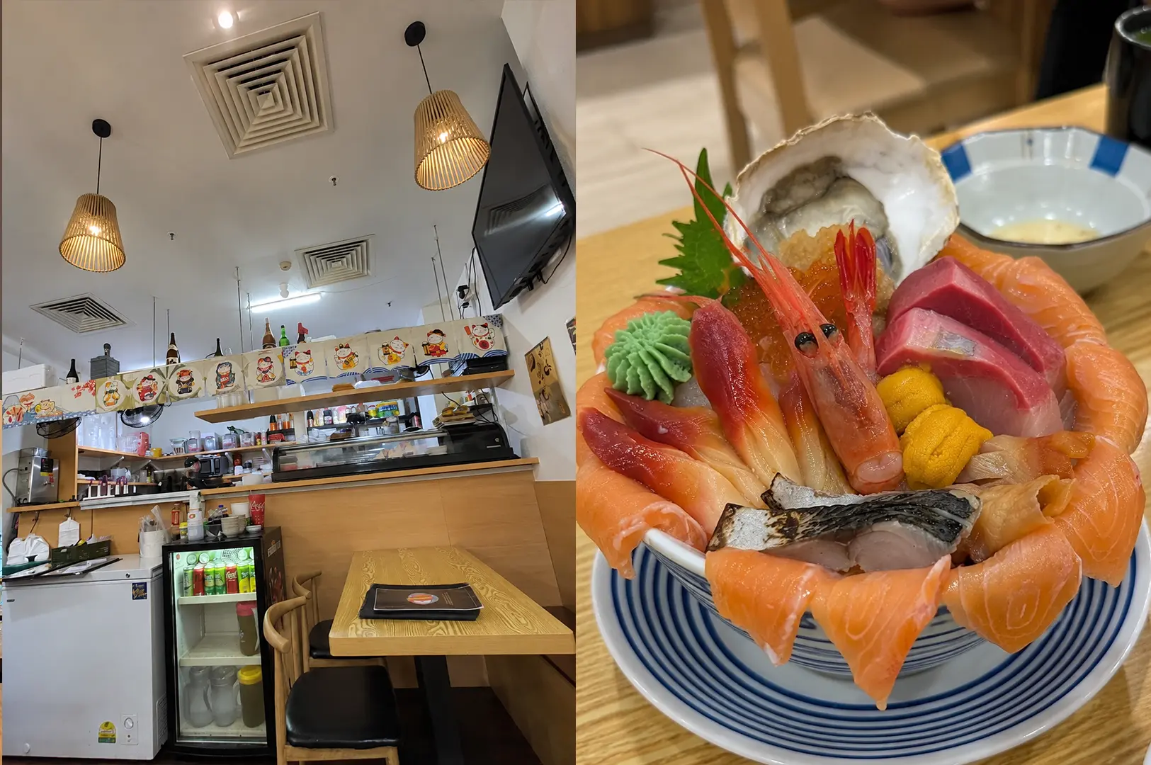 Chirashizushi Shou interior alongside a generous seafood bowl topped with salmon, tuna, uni, shrimp and oyster.