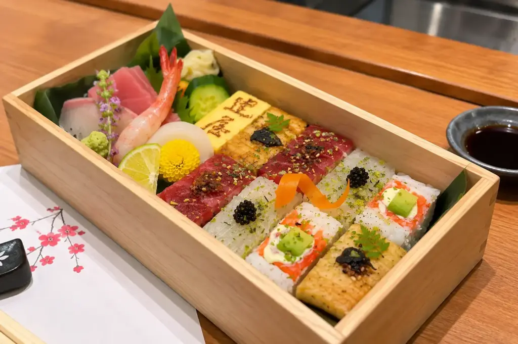 Oshizushi Sashimi Set featuring pressed sushi, fresh sashimi, shrimp, tamago and assorted Japanese accompaniments