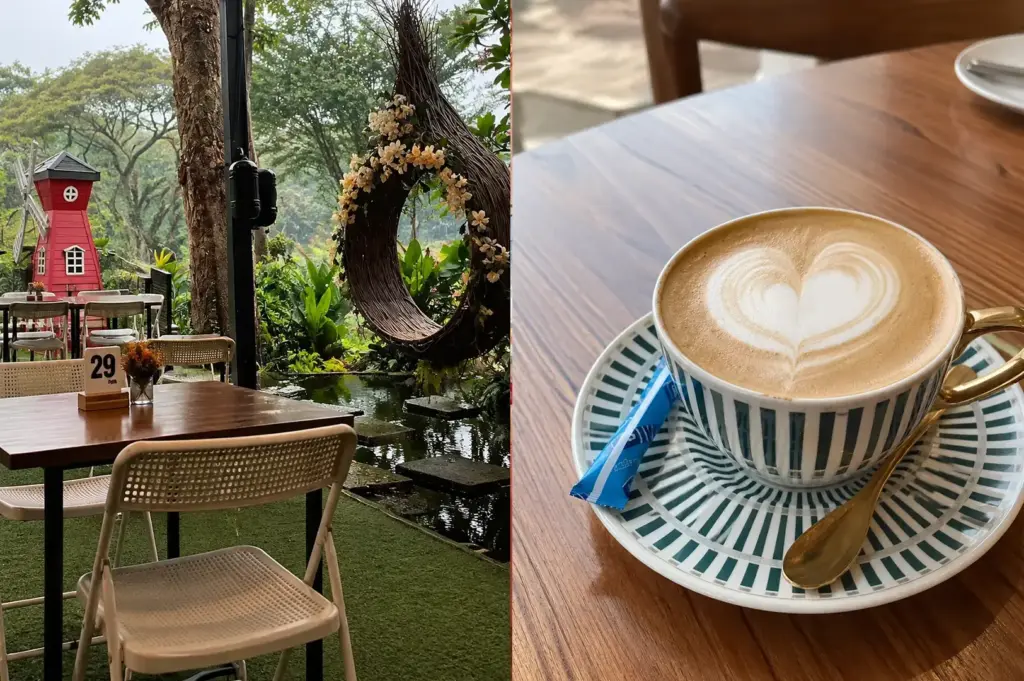 RedDot Brewhouse with a garden dining area beside a pond, paired with a latte on a wooden table.