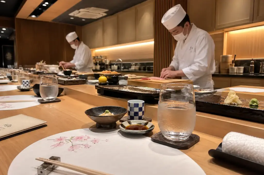 Sushi chefs preparing fresh fish and individual dishes behind the intimate wooden counter at Tatsuya