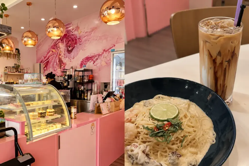 Ménage Cafe interior with pink décor, warm pendant lights, a pastry display, iced coffee, and creamy pasta.
