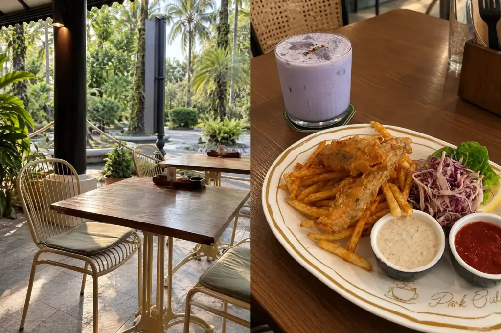 Park Side with an outdoor garden dining area, surrounded by tropical greenery, paired with fish and chips and a purple iced drink.