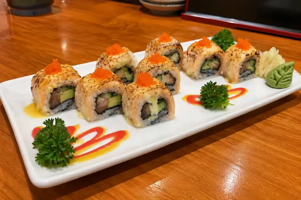 All Salmon All The Time Roll topped with roe and seared salmon