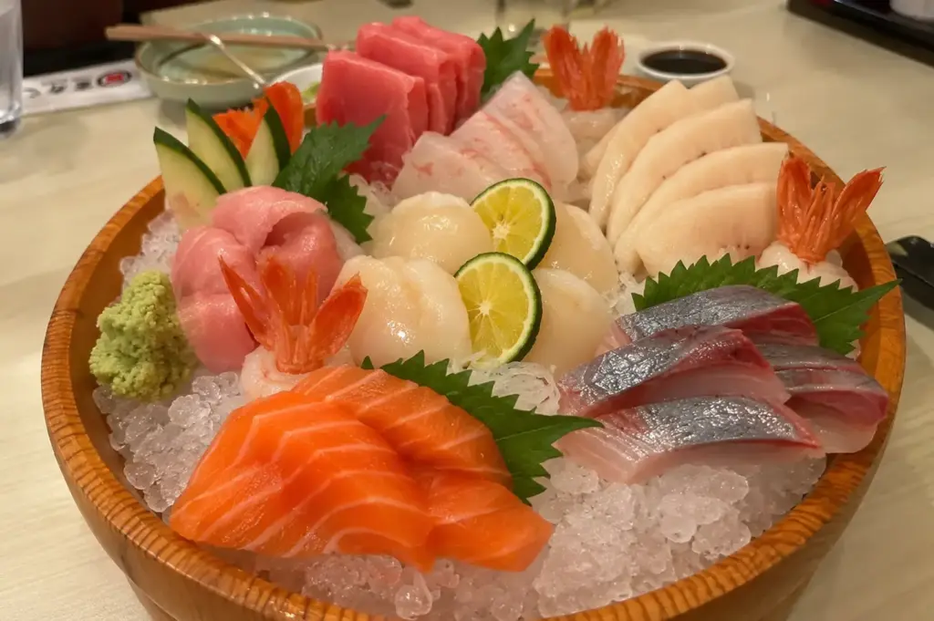 Sashimi Moriawase platter featuring fresh assorted sashimi served over crushed ice with garnishes and wasabi.