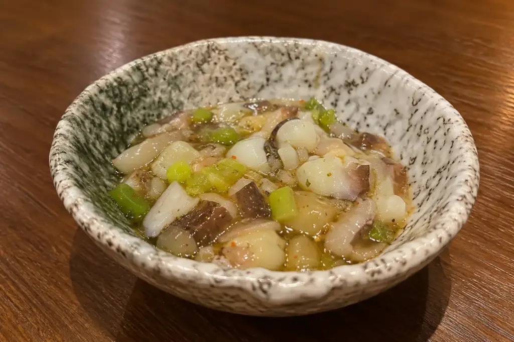 Tako wasabi, a classic Japanese izakaya side dish of diced octopus mixed with wasabi and seasonings.