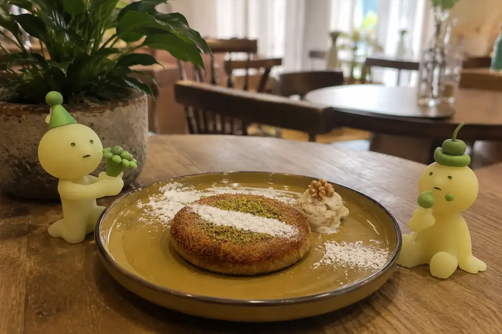 Two Smiski figures framing a pistachio kunafa dessert on a wooden café table in a cozy café setting.