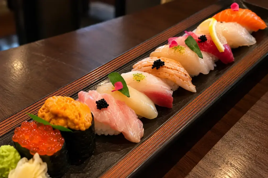 Assorted nigiri sushi featuring salmon, white fish, tuna, shrimp, and other colorful toppings.