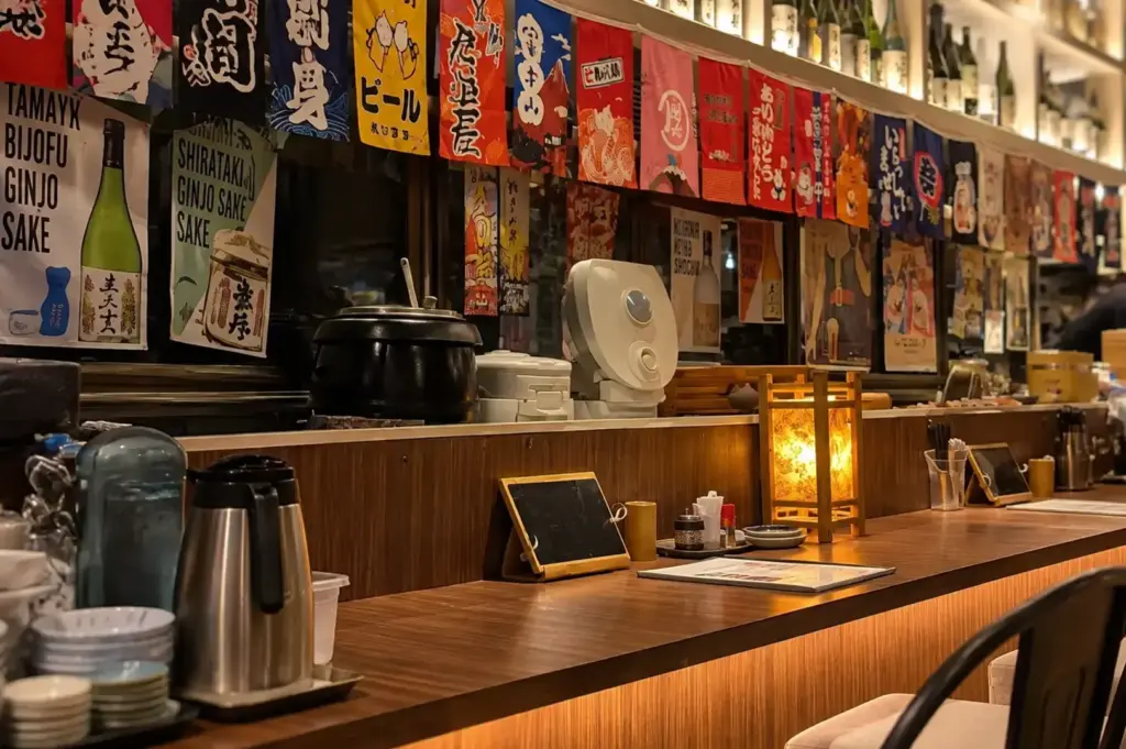 Warmly lit izakaya counter decorated with colorful Japanese banners, sake bottles, and wooden seating.