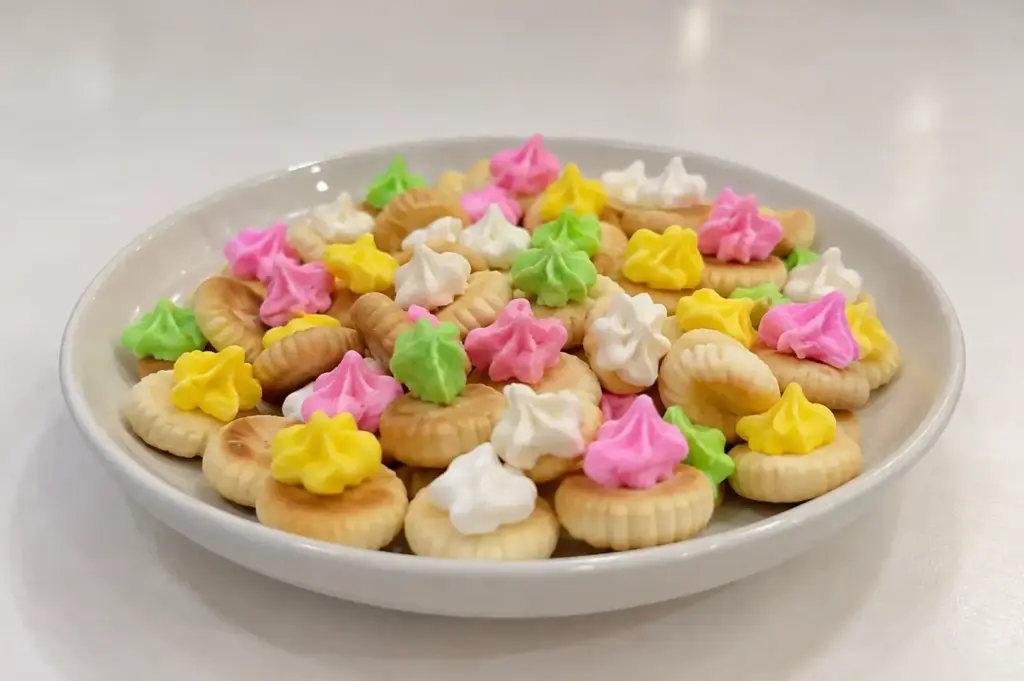 A plate of colourful iced gem biscuits topped with pink, yellow, green and white sugar icing.