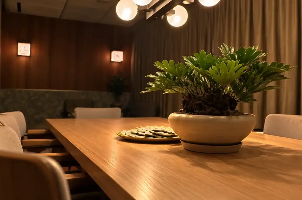 Elegant restaurant dining table with a potted green plant, neutral chairs, and warm ambient lighting.