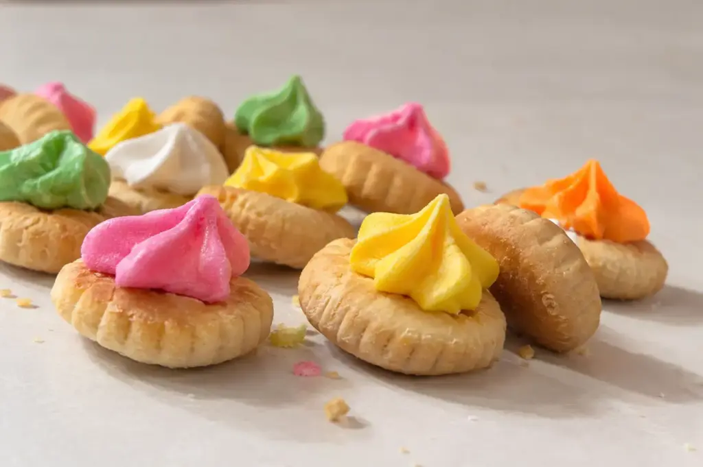 Close-up of golden iced gem biscuits topped with bright pink, yellow, green, white and orange icing.
