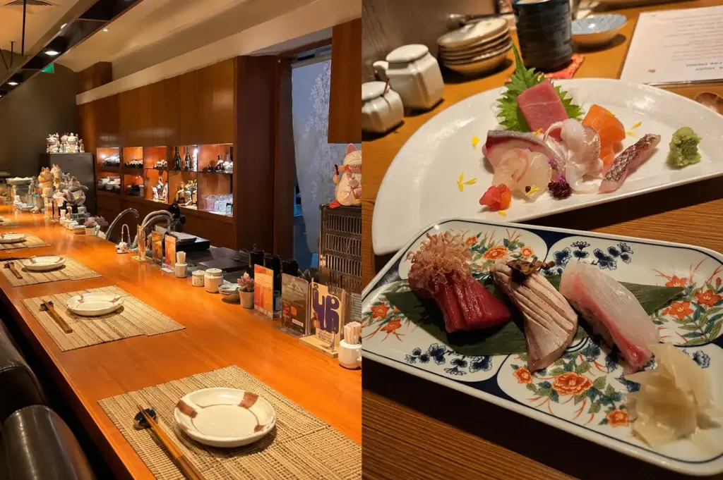 Hanashizuku Japanese Cuisine with a traditional wooden counter, sushi dishes, and warm Japanese-style interiors.