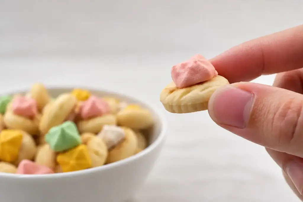 A hand holding a pink-iced gem biscuit above a bowl of colourful biscuits.