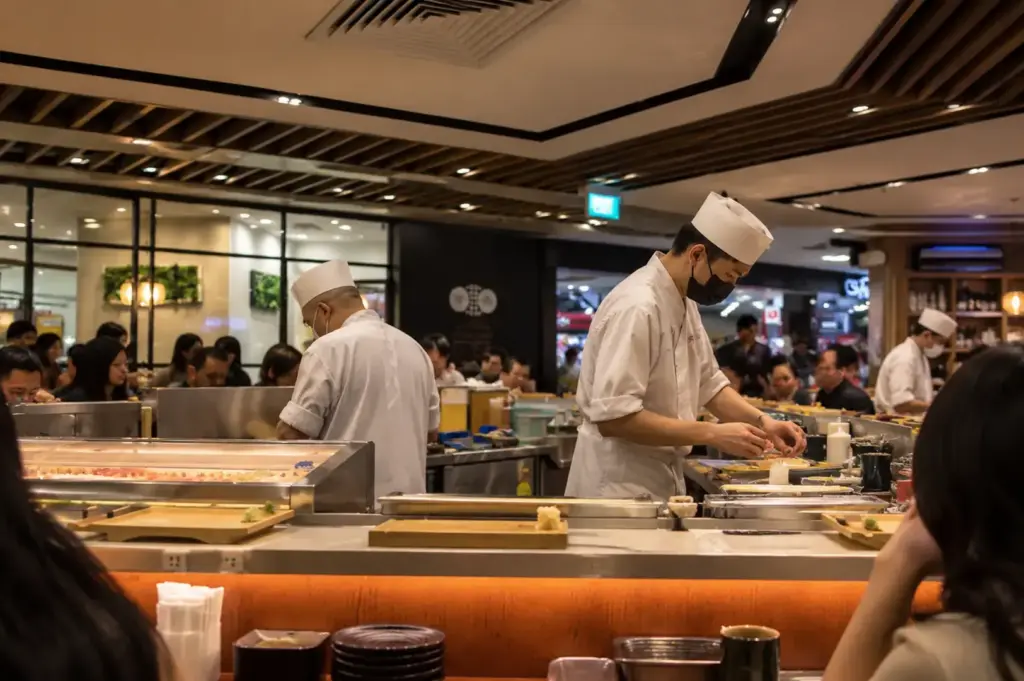 Busy Japanese sushi restaurant with chefs preparing food while customers dine around the counter.