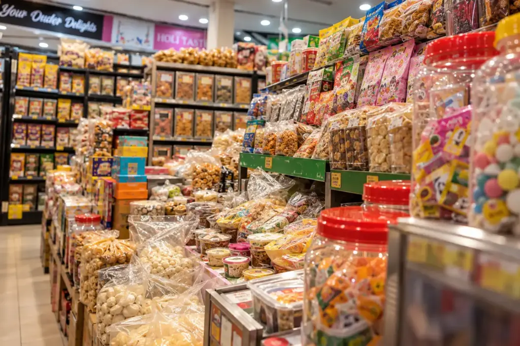 A Singapore snack shop aisle stocked with packaged biscuits, sweets and traditional snacks.