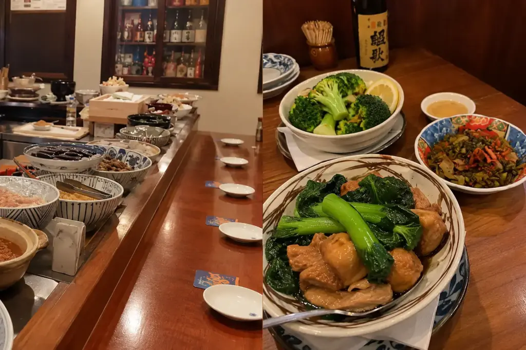 Izakaya Naniwa with a warm Japanese dining atmosphere, traditional seating, and a variety of prepared dishes.