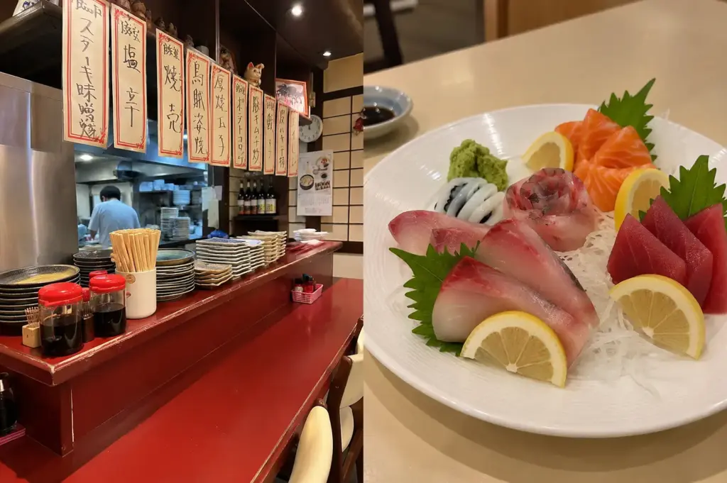 Izakaya Nijumaru with a cozy Japanese dining counter, sake bottles, sashimi, and sushi dishes.
