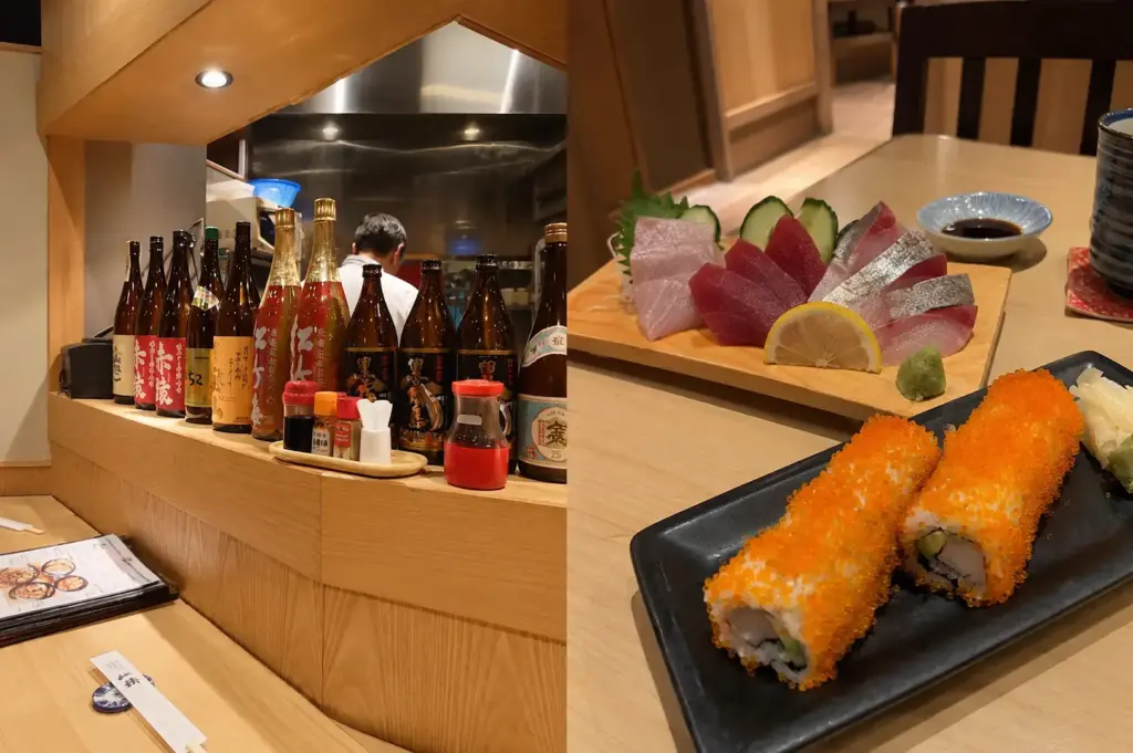 Shinjuku Restaurant showcasing a traditional Japanese dining space with sushi, sashimi, and warm wood interiors.